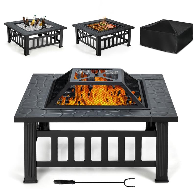 Outdoor Camping Fire Pit - 32-дюймовый квадратный уличный стол-кострище 3-в-1 с